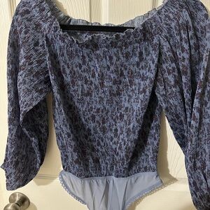 Free People Blue Puff Sleeve Bodysuit with Asymmetrical Design